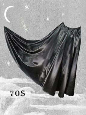 Black Satin Maxi Skirt with Volume/ Sweep 70s Vintage Slipper Satin
